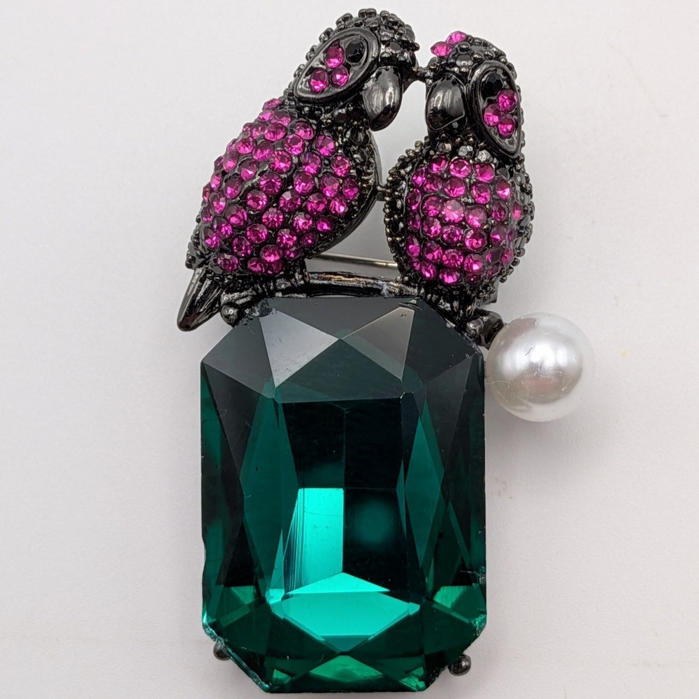 Parrot Lovebirds Brooch Green Glass Crystal Pink Rhinestone Gunmetal Statement
